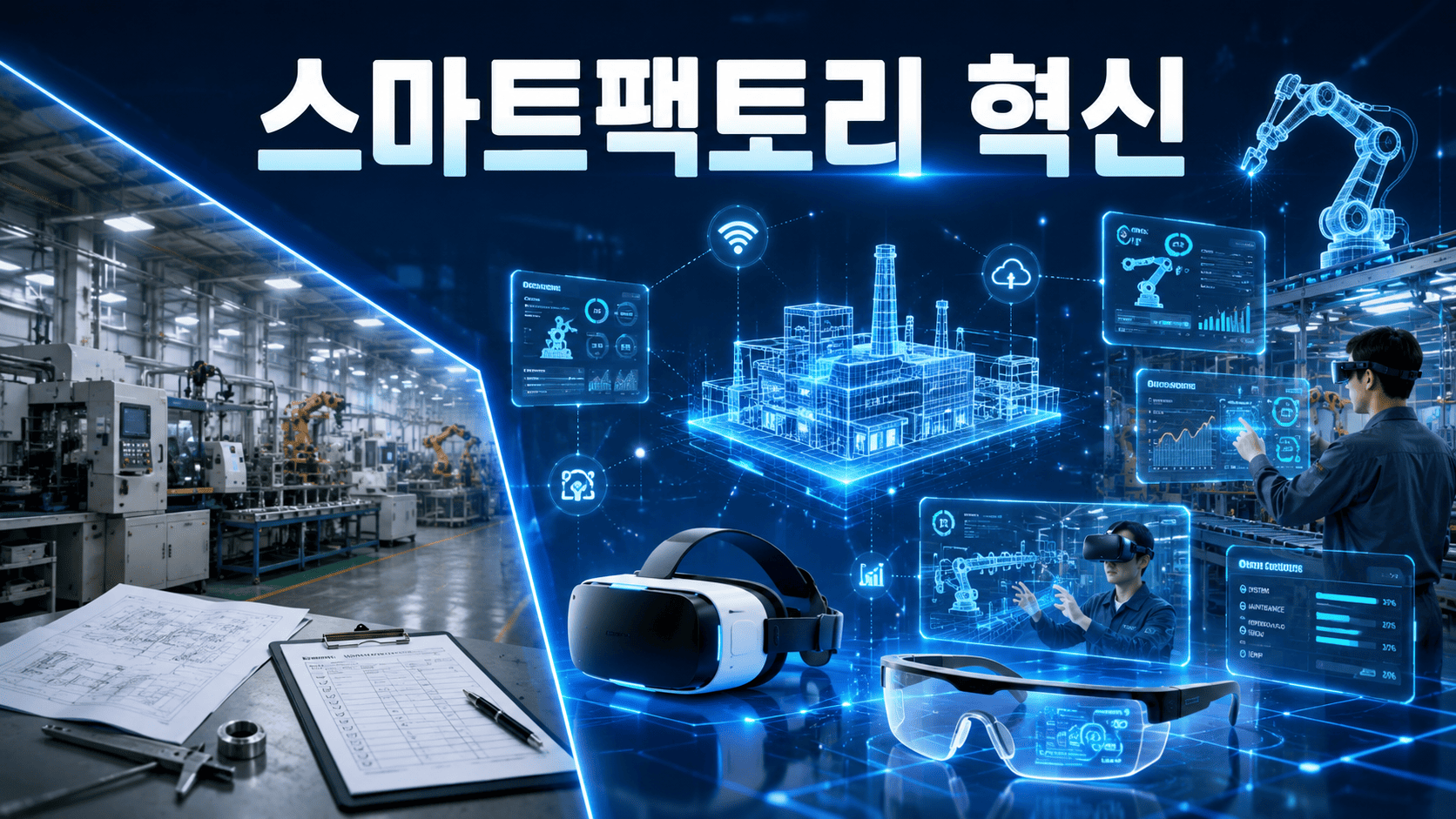 스마트팩토리 환경에서 가상현실과 증강현실 기술이 생산 공정과 장비 관리에 활용되는 모습을 표현한 미래 산업 이미지.