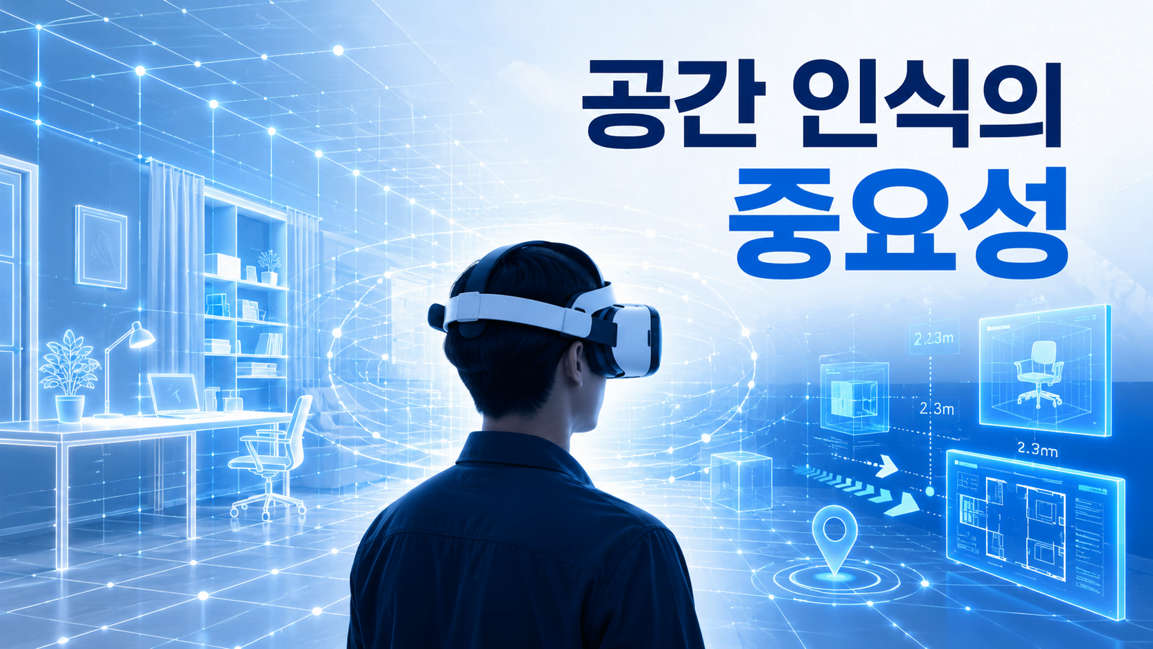 VR·AR 헤드셋 주변으로 공간 좌표와 홀로그램 정보가 표시되며 현실 공간을 인식하는 과정을 표현한 미래 기술 이미지
