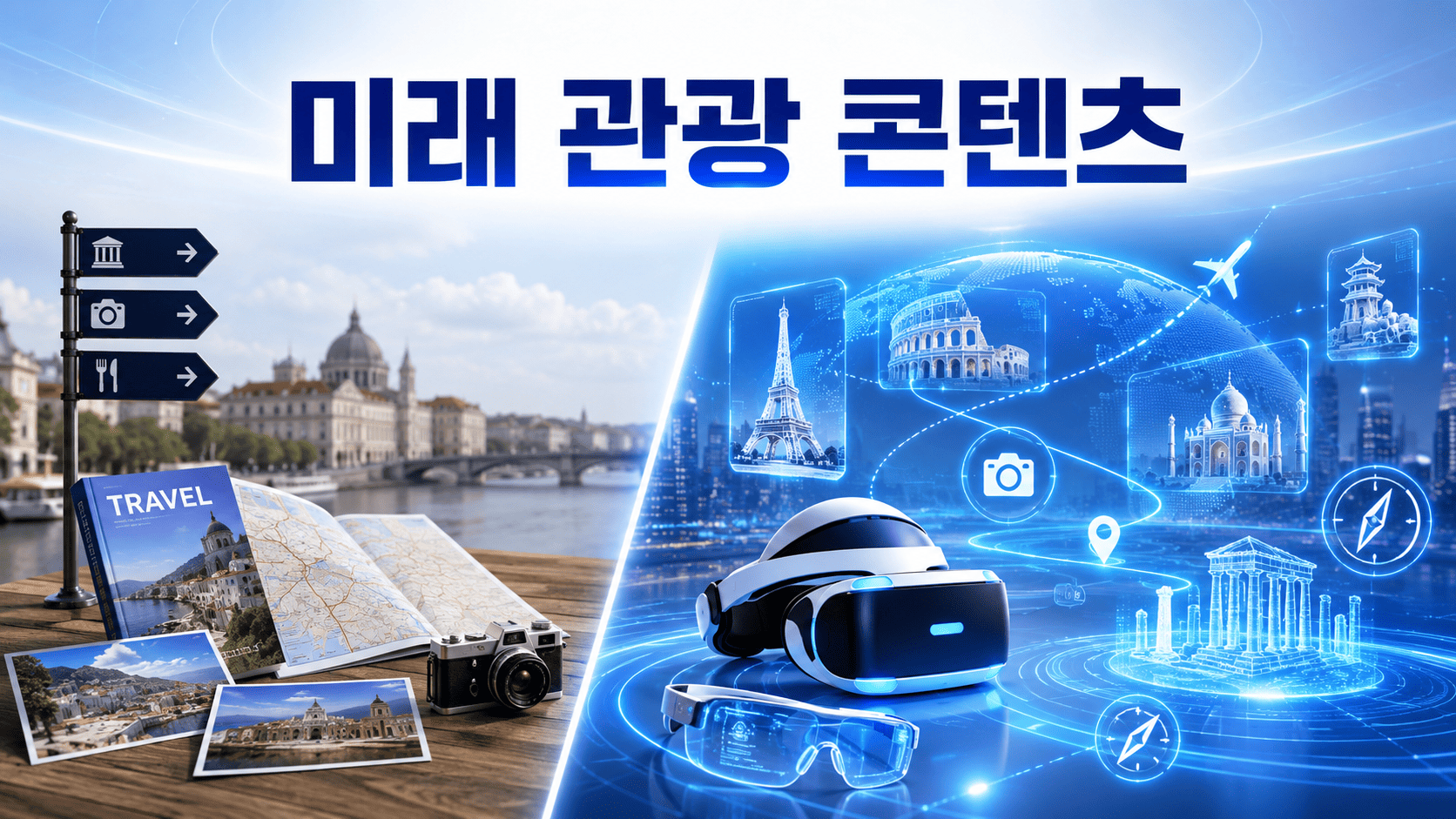 가상현실과 증강현실 기술을 활용한 미래형 관광 콘텐츠와 디지털 여행 체험 환경을 표현한 이미지