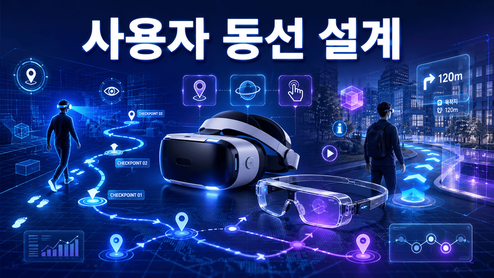 VR 헤드셋과 AR 스마트 글라스를 중심으로 사용자 이동 경로와 시선 흐름이 홀로그램 형태로 표현된 미래형 공간 설계 이미지.