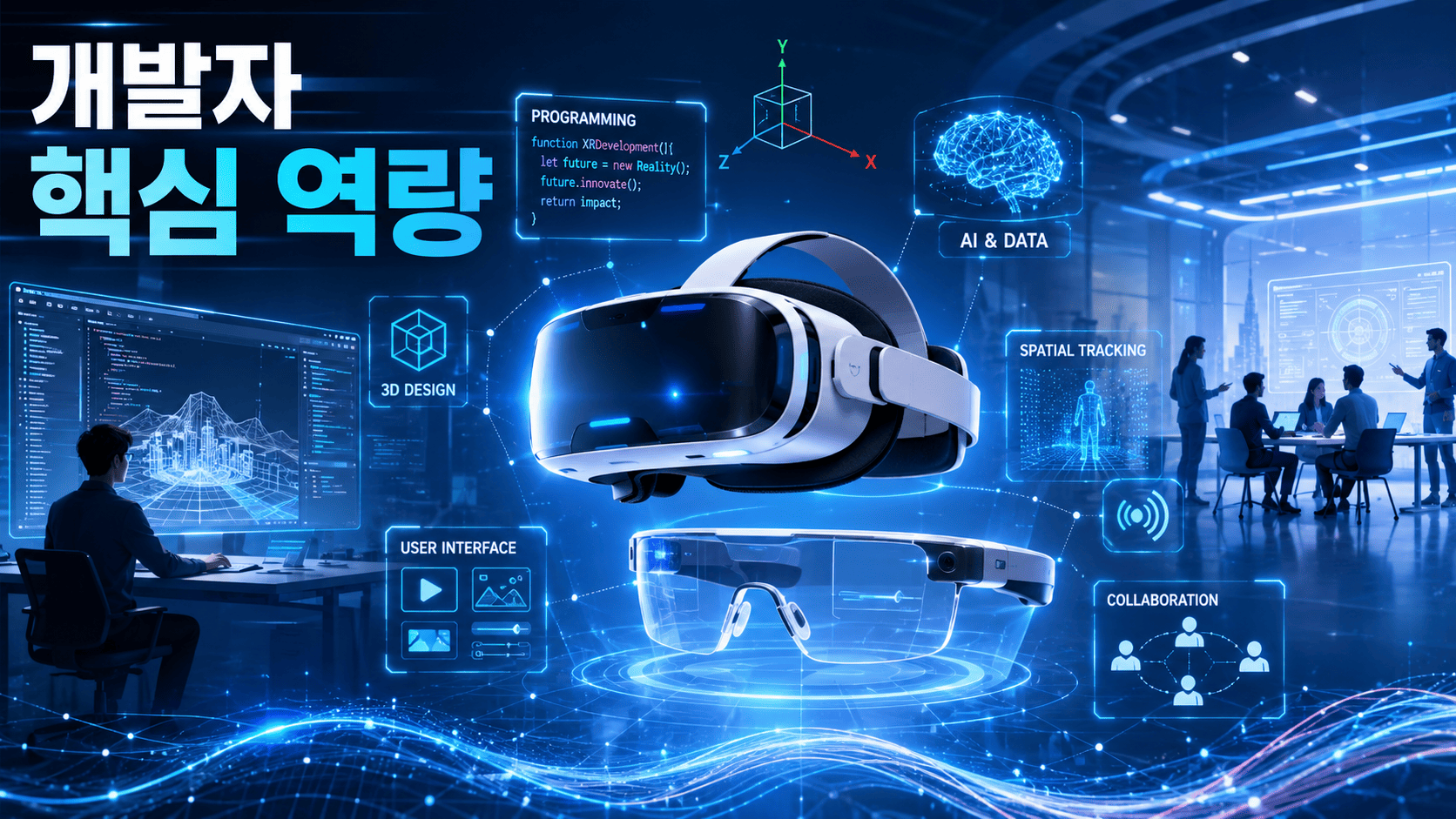미래 XR 개발 환경 속에서 VR 헤드셋과 AR 스마트 글라스, 프로그래밍과 협업 요소를 표현한 이미지.