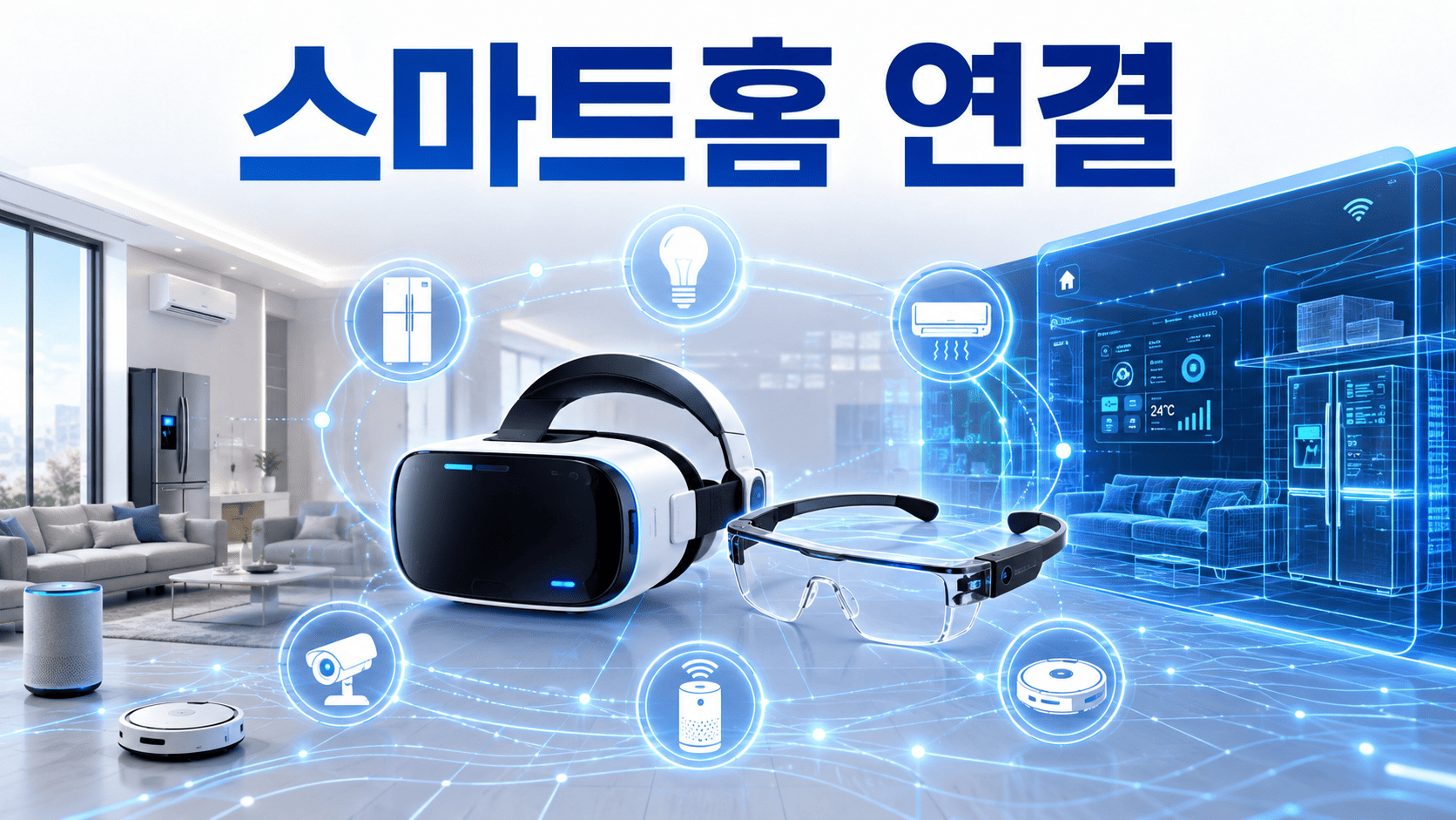 가상현실과 증강현실 기기가 스마트홈 가전 및 센서와 연결되는 모습을 표현한 미래형 스마트홈 이미지.