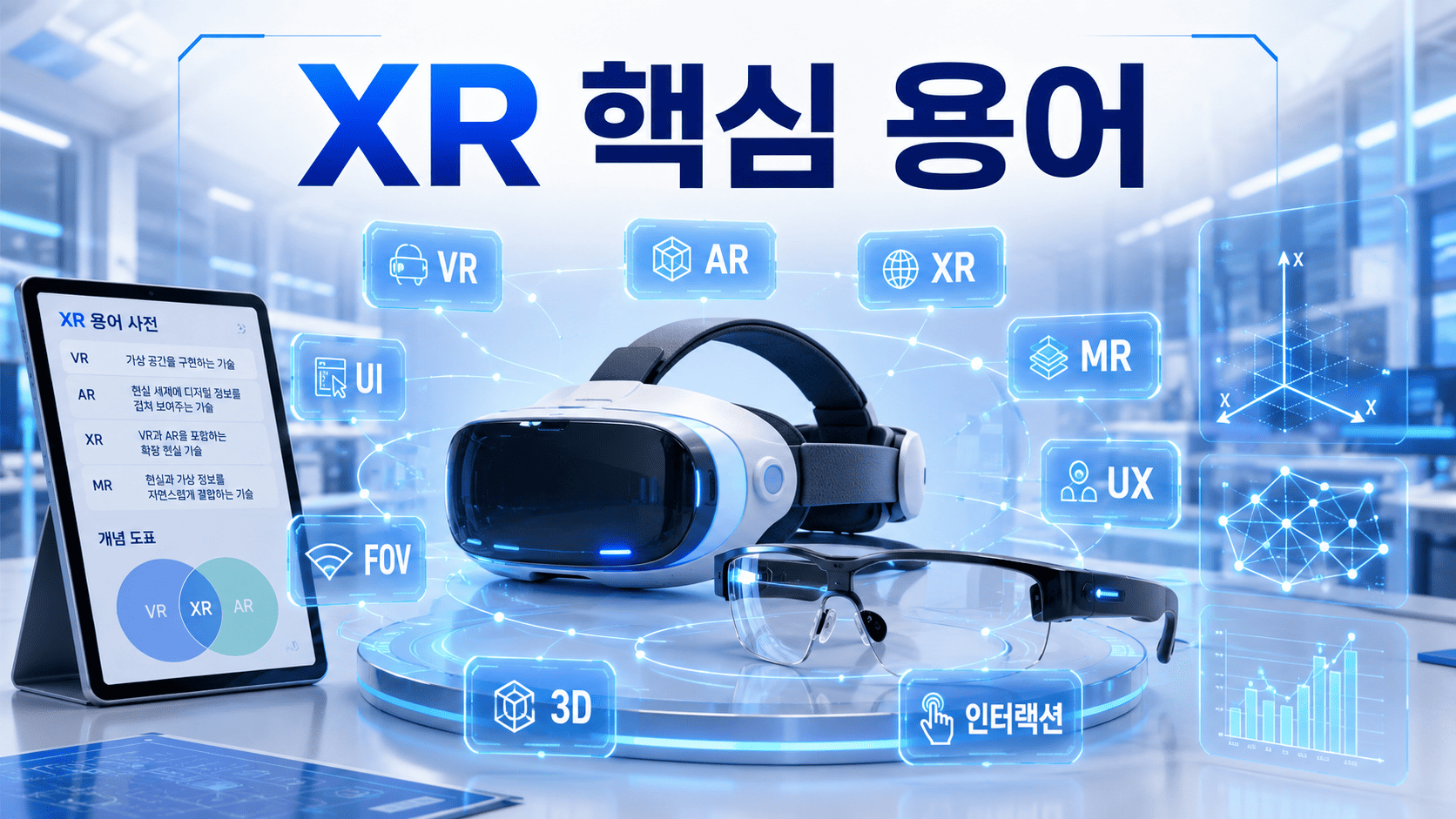 VR 헤드셋과 AR 스마트 글라스를 중심으로 XR 관련 핵심 용어들이 홀로그램 카드 형태로 배치된 미래 기술 가이드 이미지.