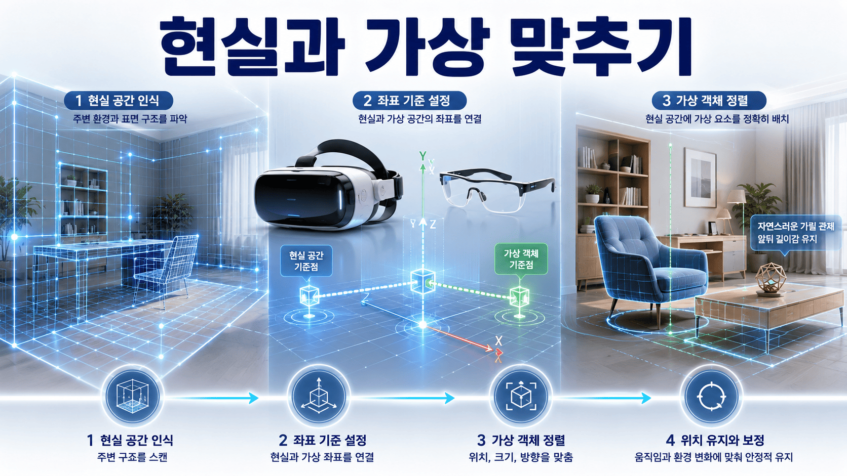 현실 공간의 3D 구조를 인식하고 좌표와 기준점을 이용해 가상 객체의 위치와 방향을 맞추는 과정을 표현한 이미지