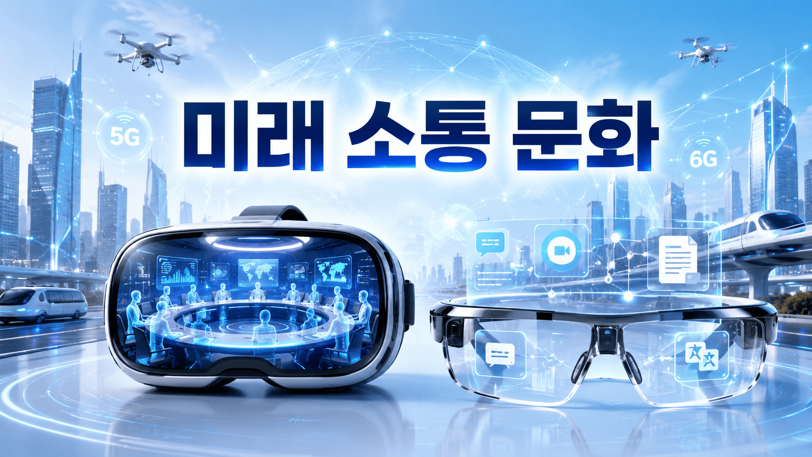 VR 헤드셋과 AR 스마트 글래스를 중심으로 미래 디지털 소통 환경과 스마트 도시를 표현한 대표 이미지.