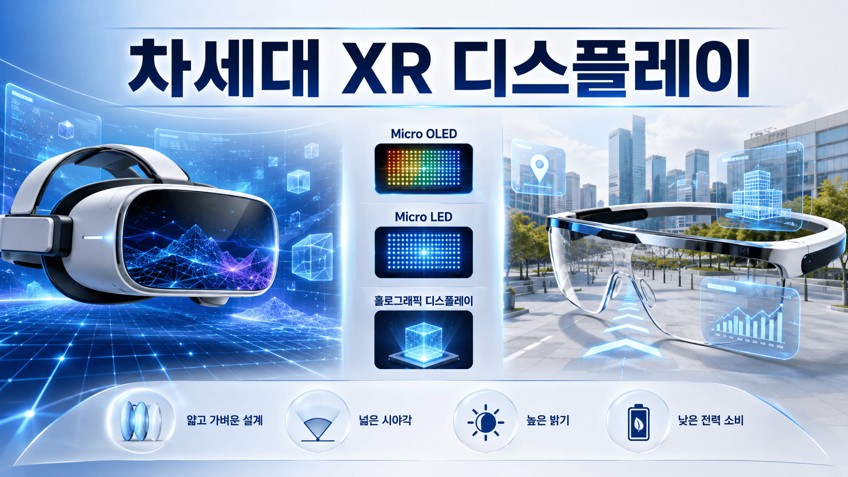 차세대 VR 헤드셋과 AR 스마트 글래스, Micro OLED와 Micro LED 기술을 비교형으로 표현한 미래 디스플레이 이미지