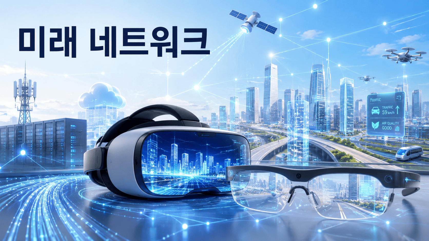 미래형 도시를 배경으로 VR 헤드셋과 AR 스마트 글래스, 네트워크 연결 구조를 표현한 대표 이미지.