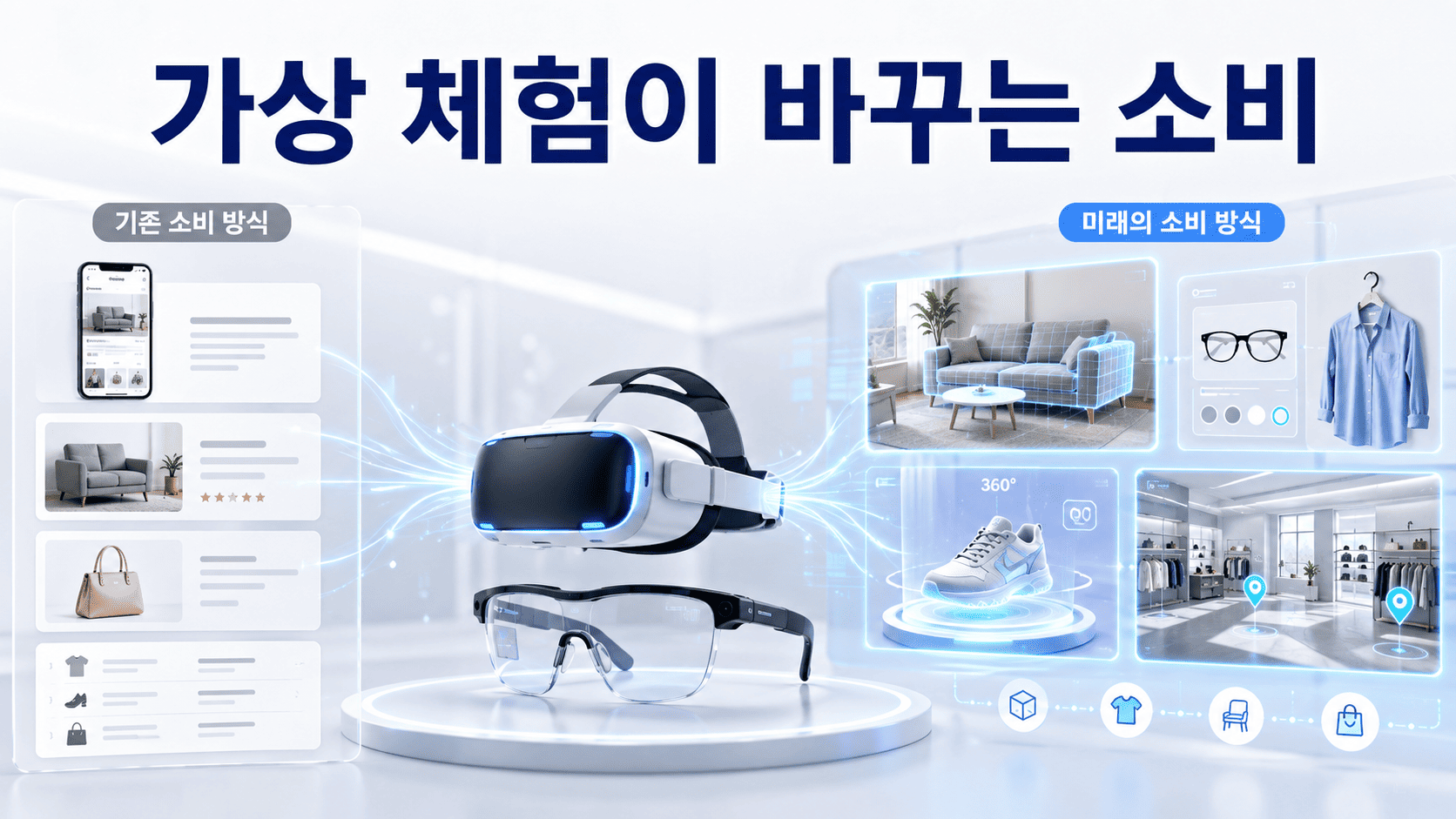 VR 헤드셋과 AR 글래스를 중심으로 기존 온라인 쇼핑과 가상 체험 기반 소비 방식의 변화를 표현한 이미지