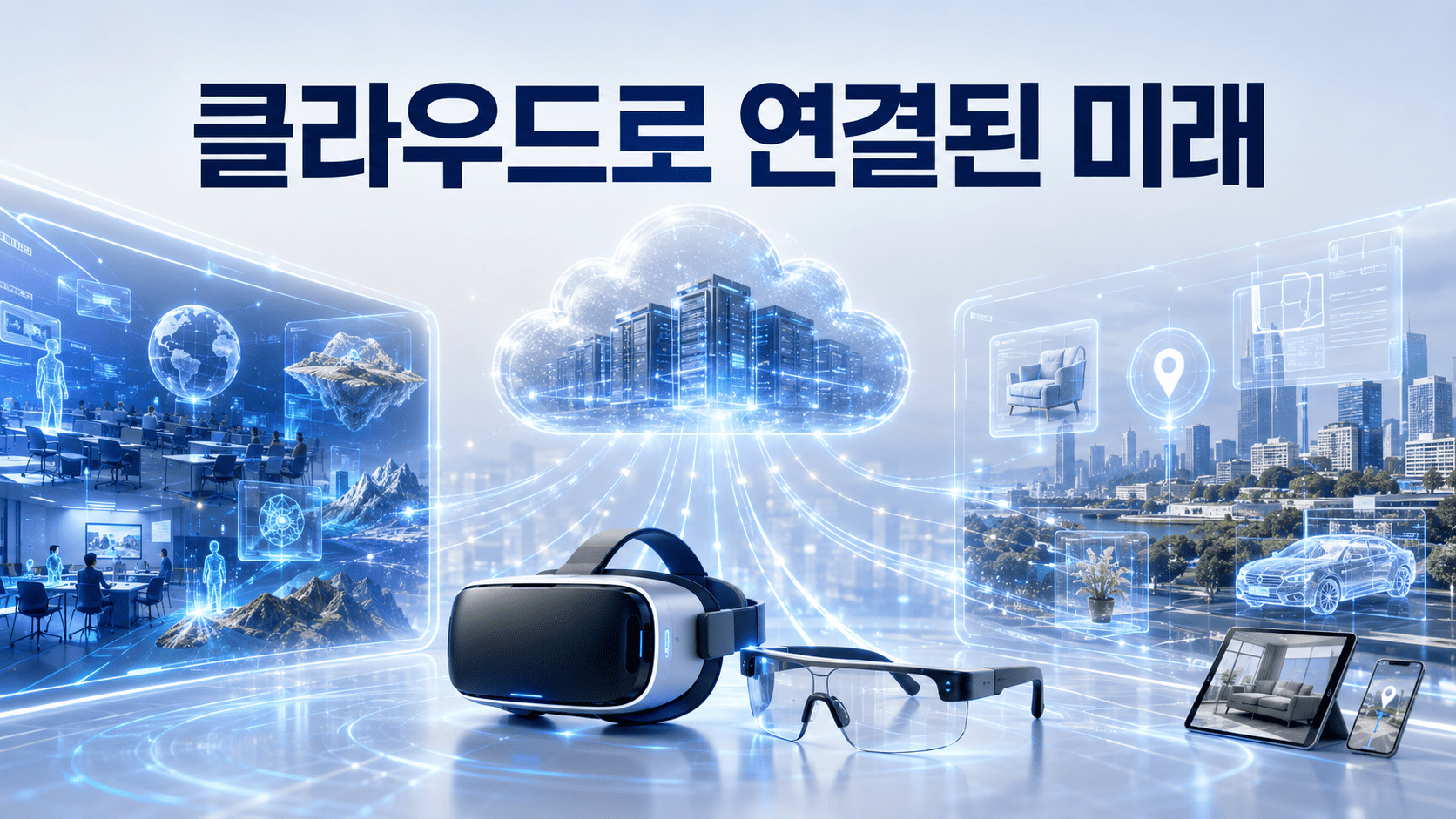 클라우드 데이터 허브와 VR 헤드셋, AR 글래스가 연결되어 가상현실과 증강현실의 미래형 클라우드 서비스를 표현한 이미지