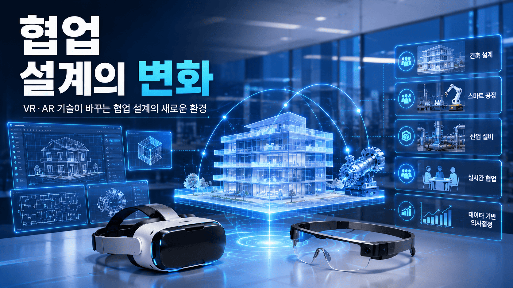 VR 헤드셋과 AR 글래스를 중심으로 홀로그램 3D 설계 모델이 연결되어 미래형 협업 설계 환경을 표현한 대표 이미지.
