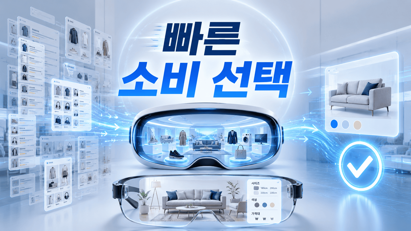 가상현실과 증강현실 기술을 활용해 다양한 상품을 비교하고 빠르게 선택하는 미래형 스마트 쇼핑 환경을 표현한 대표 이미지.
