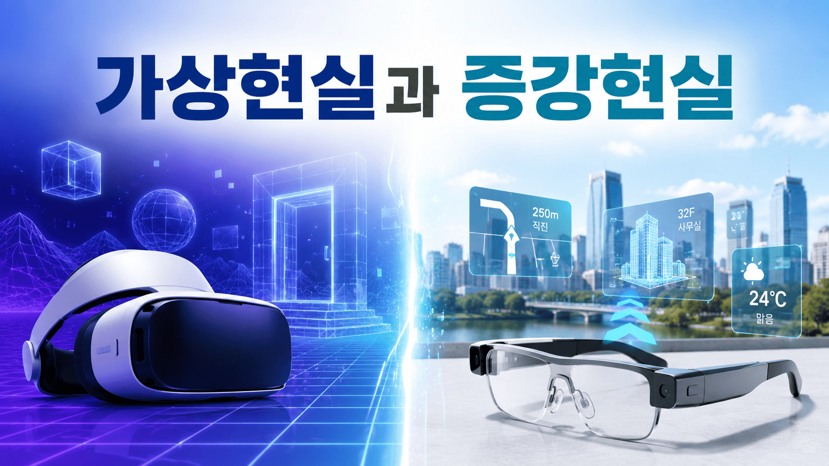 가상공간을 보여주는 VR 헤드셋과 현실 위에 디지털 정보를 표시하는 AR 스마트 글래스를 비교한 이미지입니다.