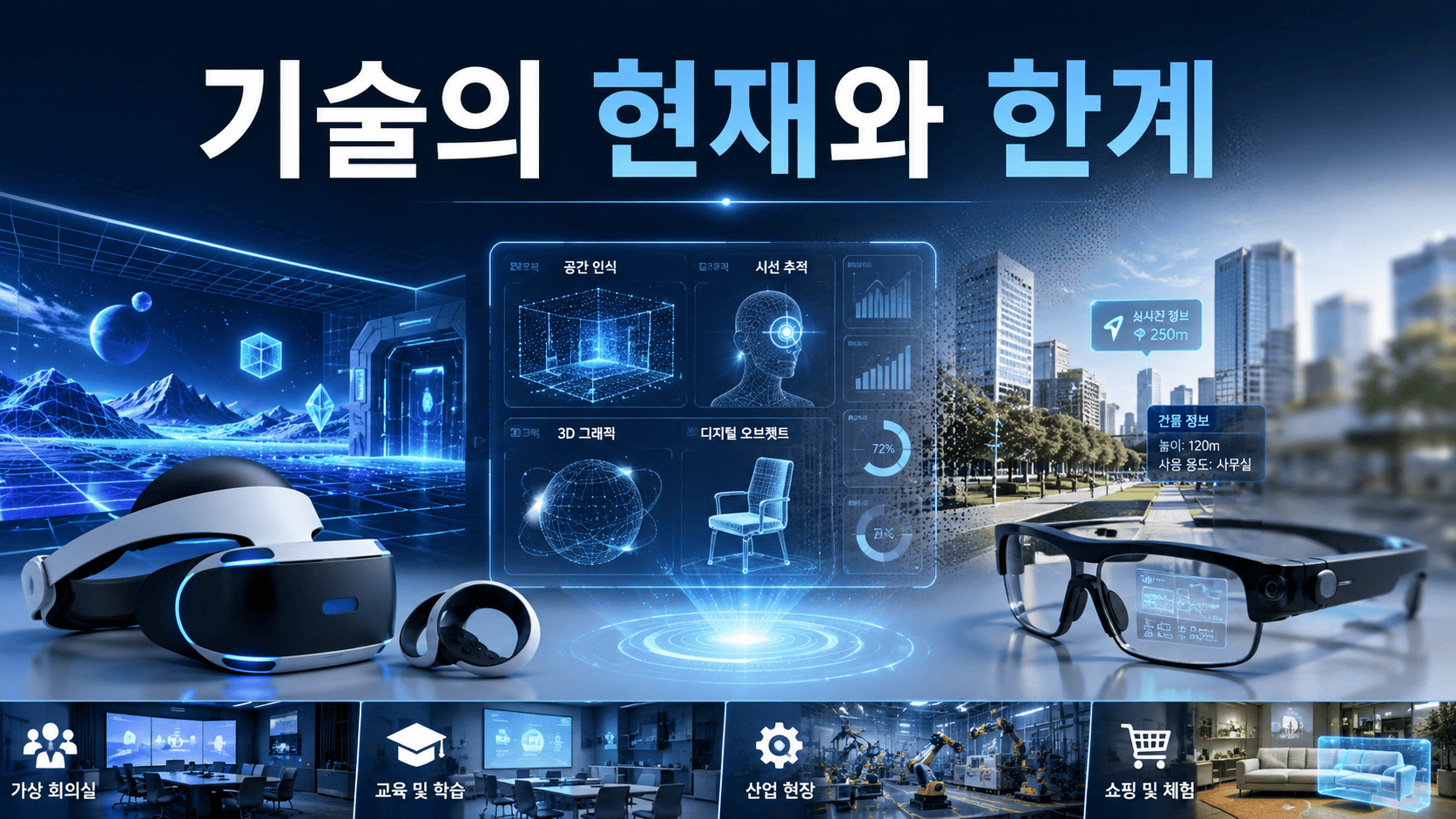 가상현실 헤드셋과 증강현실 인터페이스가 함께 표현된 미래형 디지털 환경 이미지