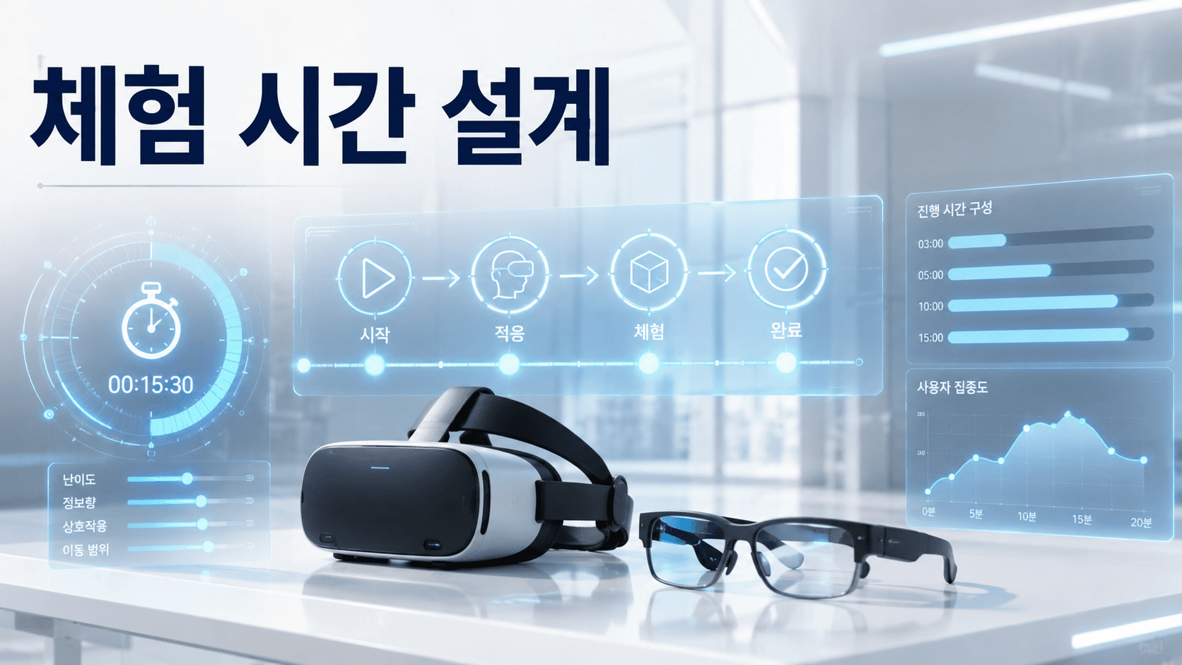 가상현실과 증강현실 콘텐츠의 체험 시간 설계 과정을 타임라인과 홀로그램 인터페이스로 표현한 대표 이미지.
