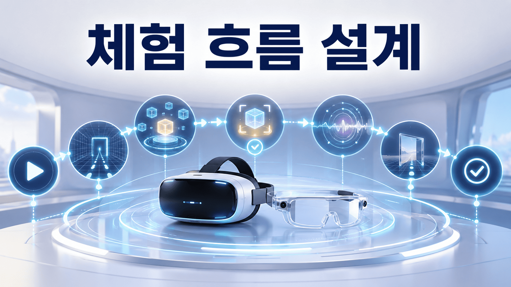 VR 헤드셋과 AR 글래스 주변으로 시작, 탐색, 상호작용, 반응, 전환, 종료의 체험 흐름이 홀로그램 경로로 연결된 이미지