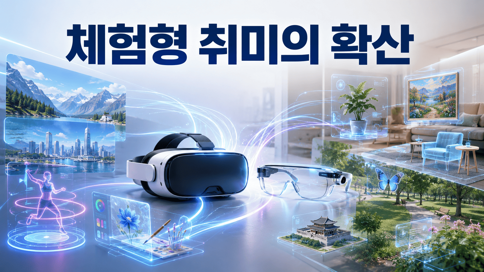 VR 헤드셋과 AR 글래스 주변에 가상 여행, 운동, 창작, 문화 체험을 상징하는 홀로그램 공간이 펼쳐진 체험형 취미 대표 이미지