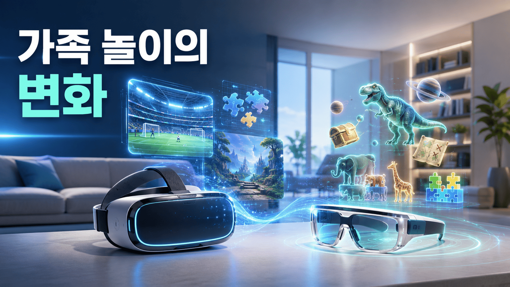 현대적인 VR 헤드셋과 AR 글래스를 중심으로 가족 놀이 문화의 변화를 상징하는 가상 체험과 증강현실 콘텐츠가 표현된 대표 이미지.