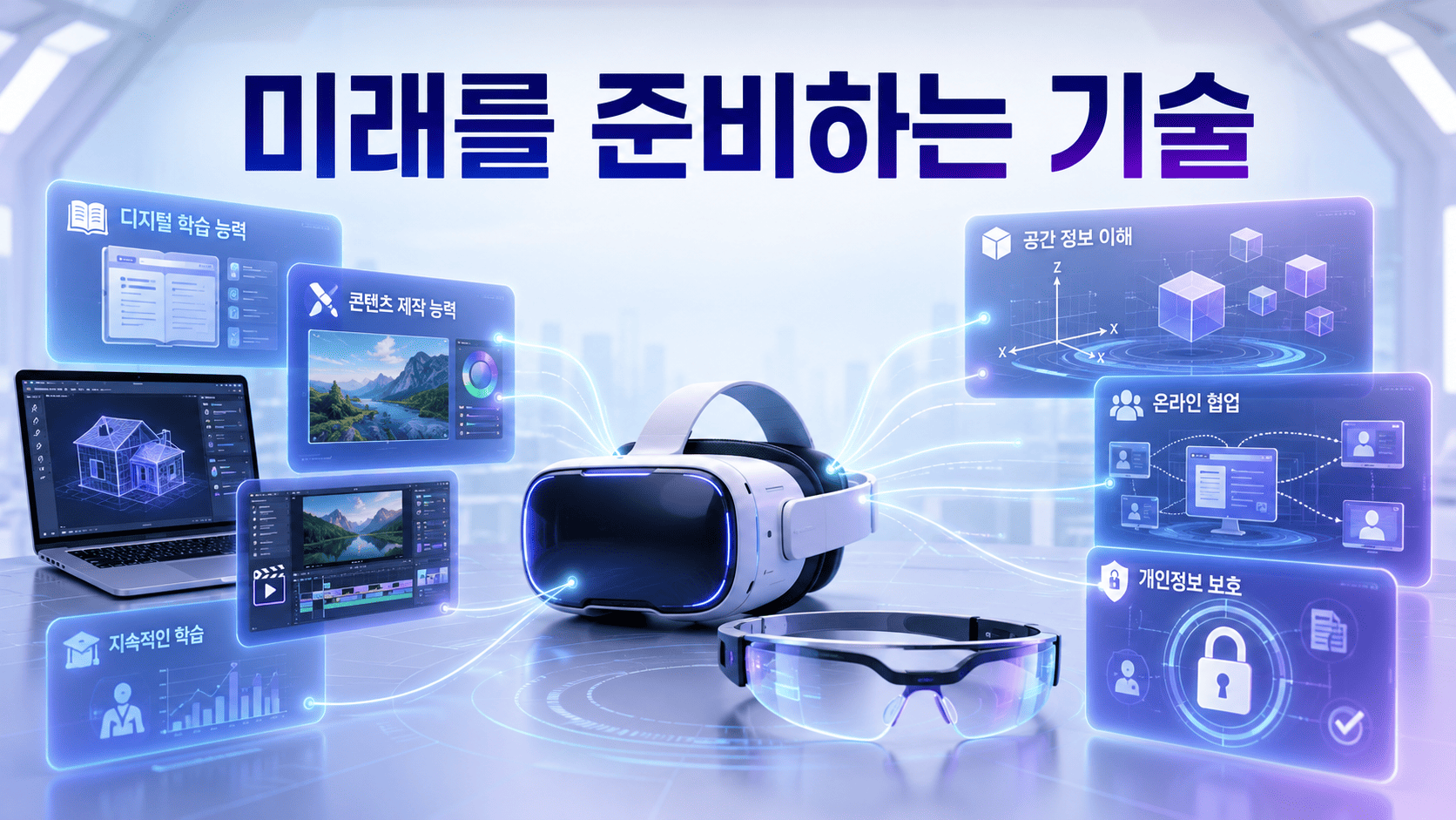 VR 헤드셋과 AR 글래스 주변에 디지털 학습, 3D 공간 이해, 콘텐츠 제작, 협업, 개인정보 보호 역량이 홀로그램으로 표현된 미래 기술 이미지