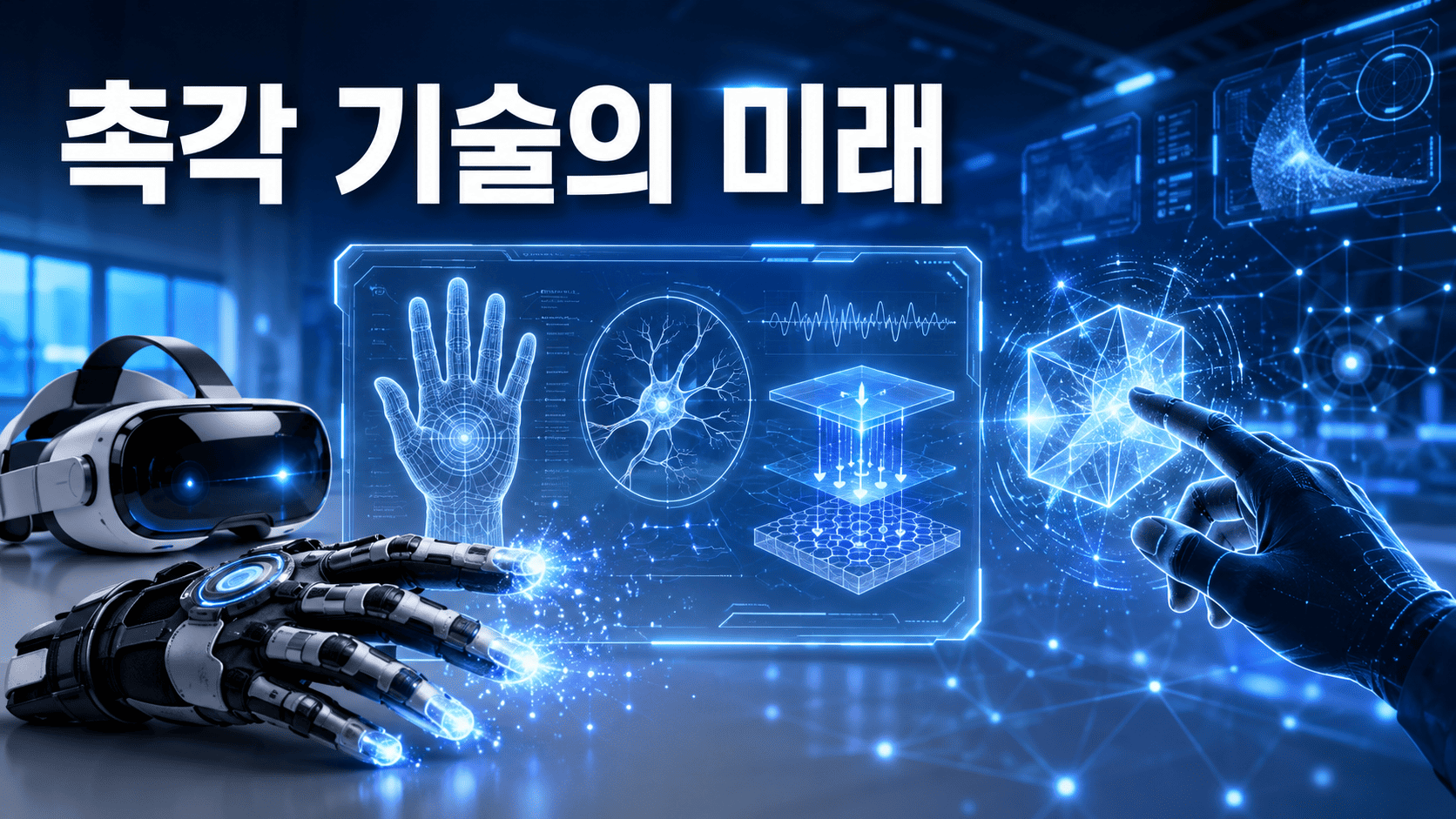 햅틱 장갑과 가상 물체를 통해 촉각 기술이 구현되는 미래형 VR·AR 환경을 표현한 이미지