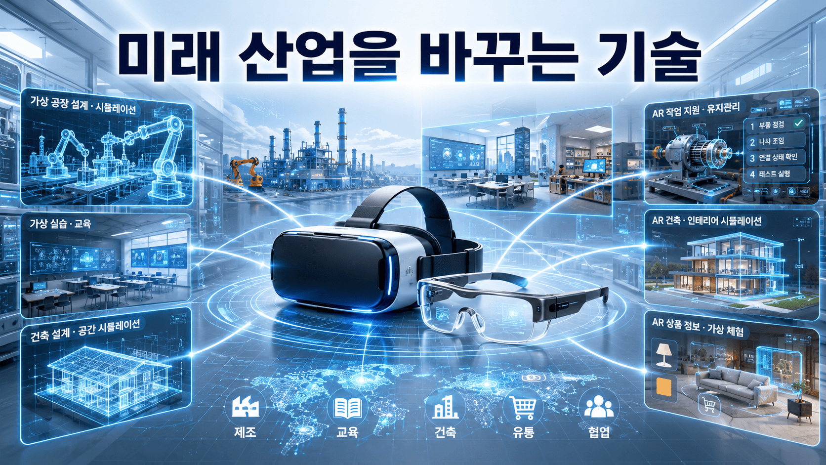 VR 헤드셋과 AR 글래스를 중심으로 제조, 교육, 건축, 유통 등 미래 산업의 변화를 홀로그램 공간으로 표현한 이미지