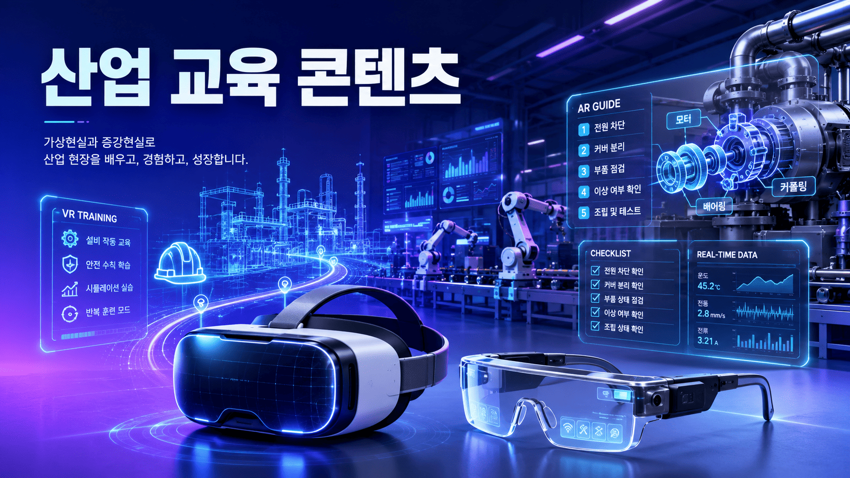 VR 헤드셋과 AR 스마트 글래스를 중심으로 산업 현장의 디지털 교육 콘텐츠를 표현한 미래형 대표 이미지.