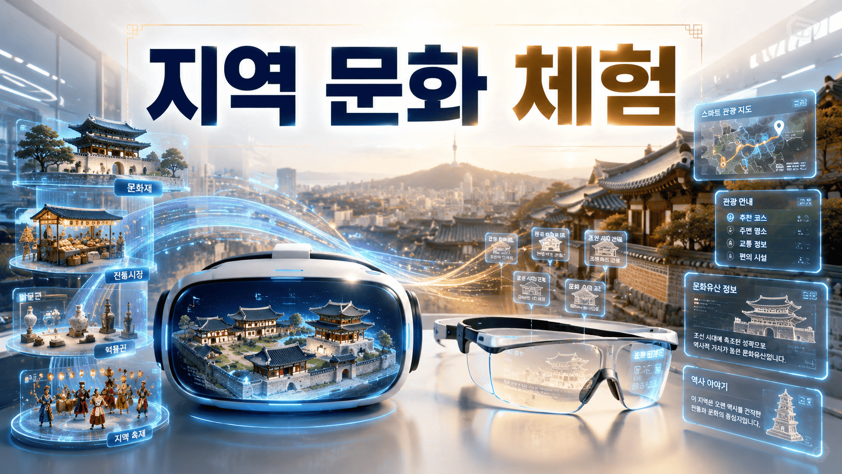 VR과 AR 기술을 활용해 전통문화와 문화유산을 디지털 방식으로 체험하는 모습을 표현한 대표 이미지.