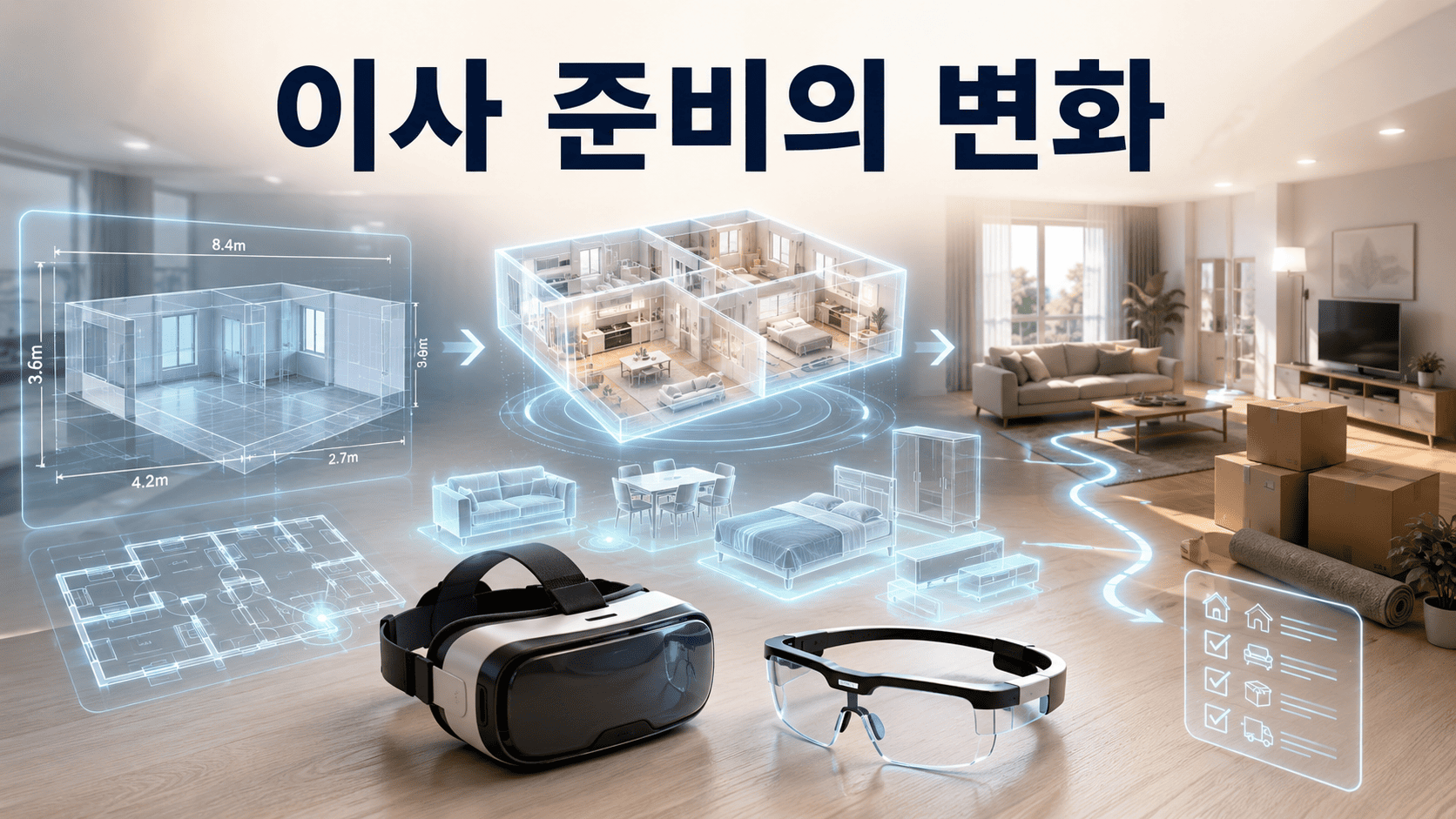 VR 헤드셋과 AR 글래스를 중심으로 새로운 집의 공간 확인, 가구 가상 배치, 생활 동선 계획 과정을 표현한 이미지