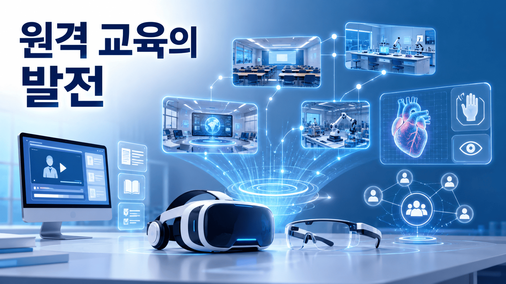 VR 헤드셋과 AR 글래스, 가상 교실과 원격 협업 공간을 통해 가상현실과 증강현실 기반 원격 교육의 발전을 표현한 이미지