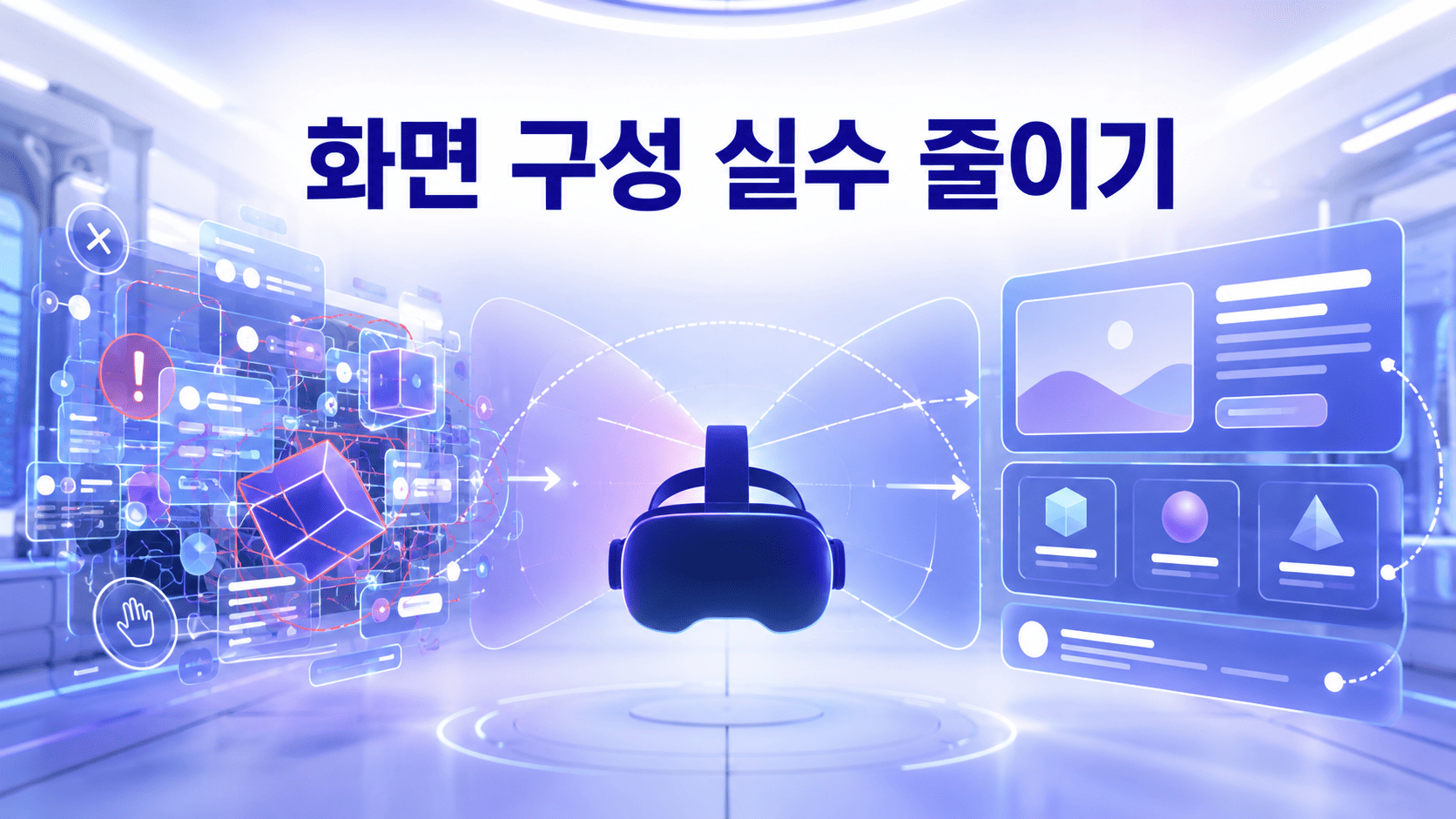 가상현실과 증강현실 콘텐츠 제작에서 복잡한 화면 구성이 사용자 시선과 정보 흐름을 고려한 깔끔한 화면으로 개선되는 모습을 표현한 이미지