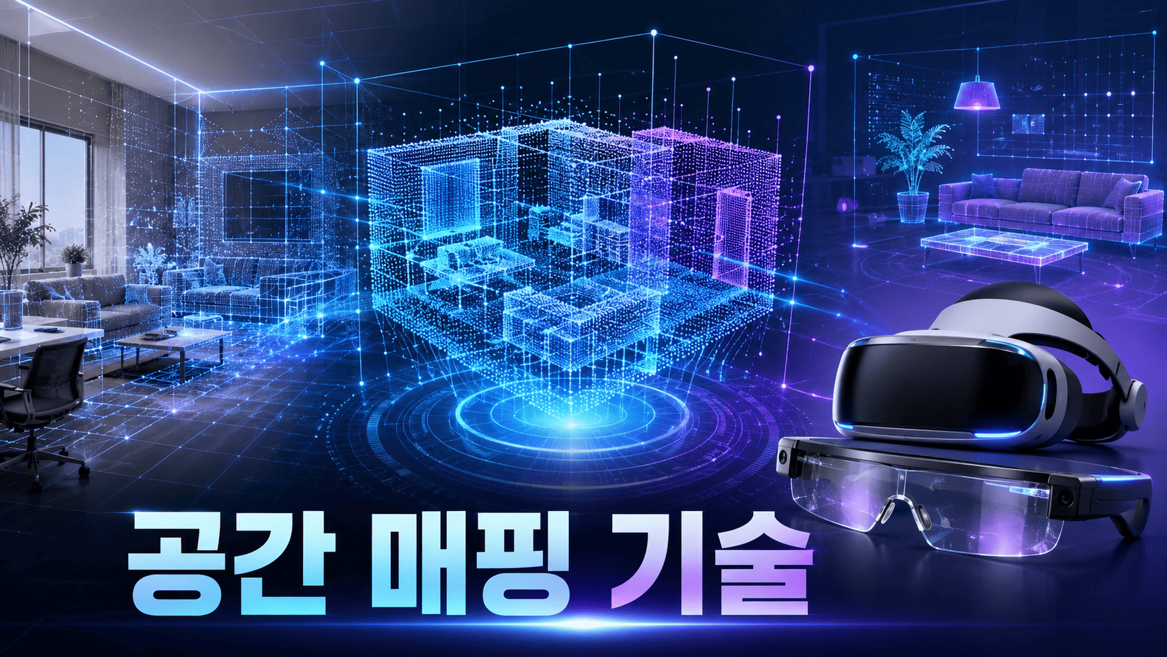 실내 공간이 3D 데이터로 변환되며 VR 헤드셋과 AR 글래스가 공간 매핑 과정을 보여주는 미래형 이미지.