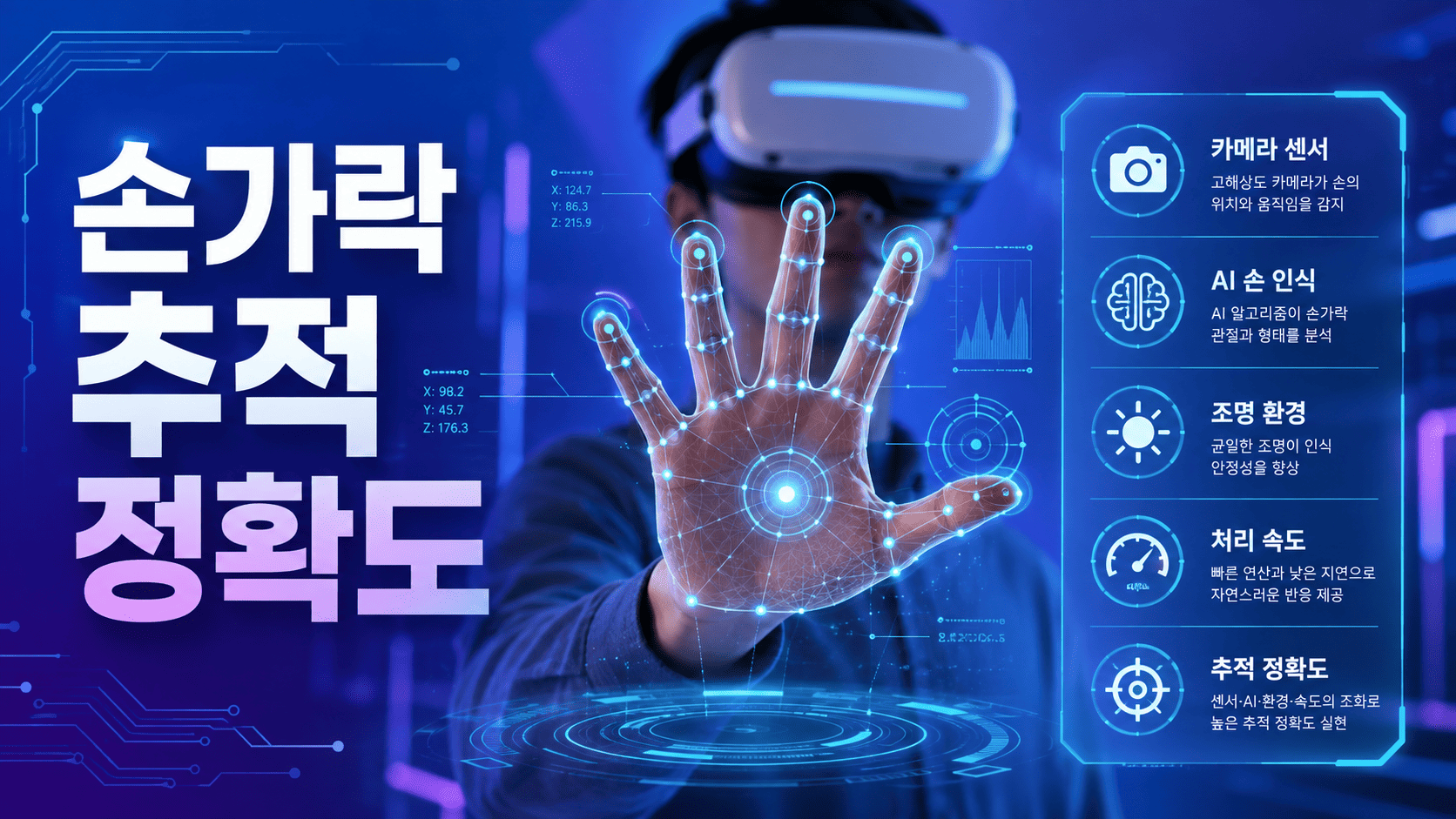 XR 헤드셋을 착용한 사용자의 손가락 관절과 움직임을 AI가 실시간으로 추적하는 과정을 시각적으로 표현한 이미지.