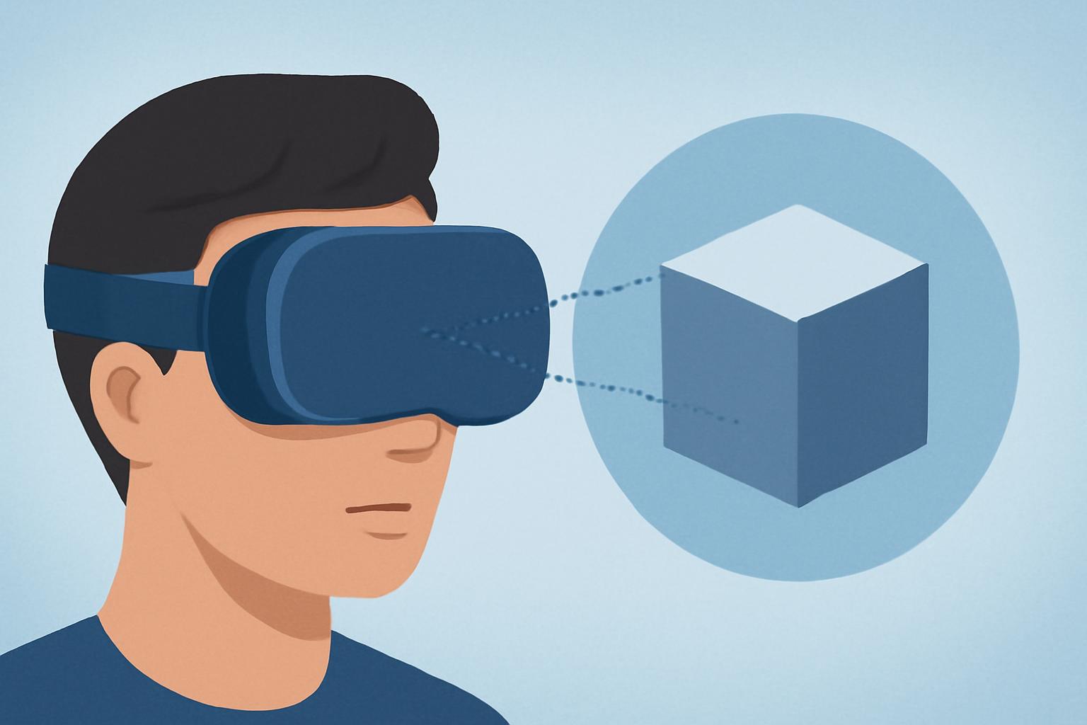 양안 시차가 적용된 VR 화면이 사용자의 눈에 입체적인 깊이감을 만들어내는 모습을 보여주는 이미지입니다.