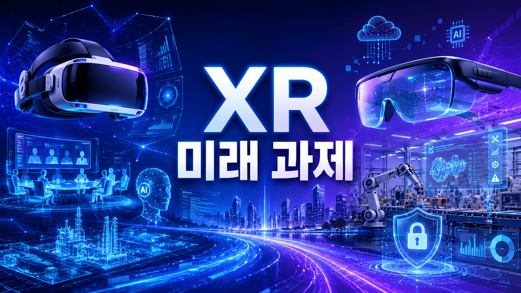 미래형 VR과 AR 기술, AI 인터페이스, 스마트 공장을 배경으로 기업의 XR 미래 전략을 표현한 대표 이미지.