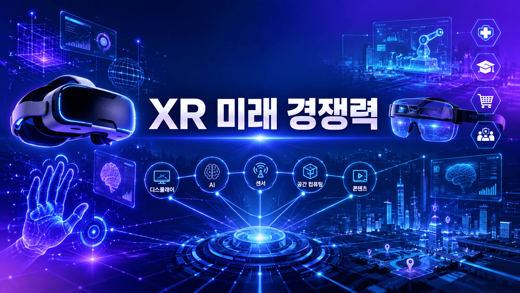 미래형 VR 헤드셋과 AR 스마트글래스가 디스플레이, AI, 공간 컴퓨팅 기술과 연결되어 XR 산업의 미래 경쟁력을 표현한 대표 이미지.