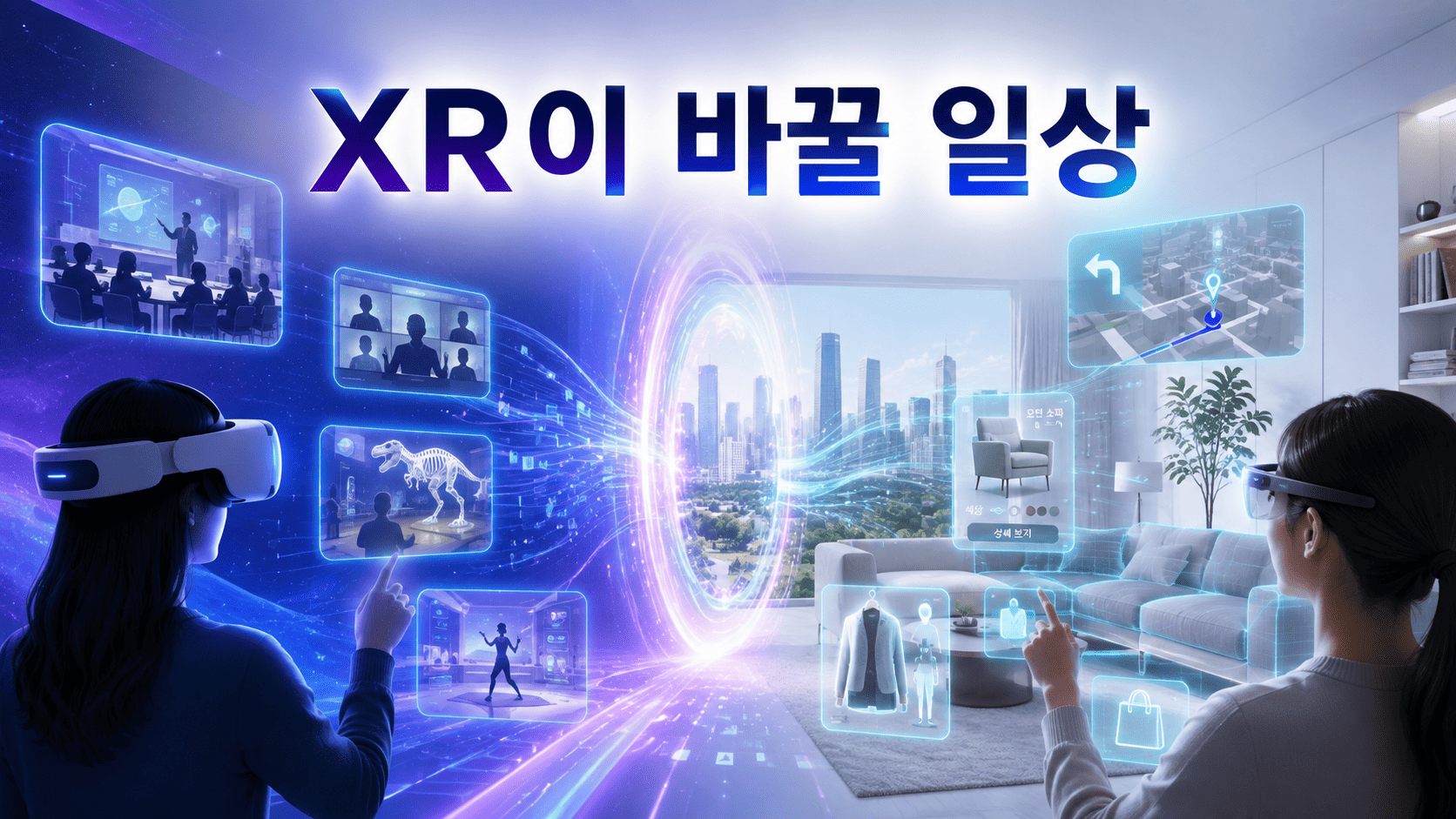 VR 헤드셋과 AR 스마트 안경을 중심으로 교육, 쇼핑, 업무, 문화생활의 미래 변화를 표현한 이미지