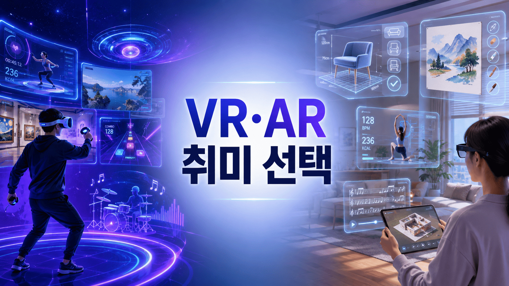 가상현실과 증강현실을 활용한 다양한 취미 콘텐츠를 상징적으로 표현한 미래형 대표 이미지.