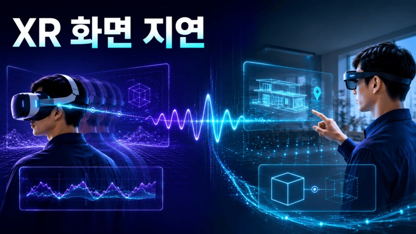 가상현실과 증강현실 환경에서 화면 지연과 실시간 반응 차이를 비교해 표현한 미래 기술 콘셉트 이미지.